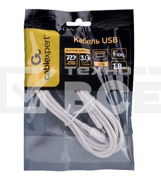 Кабель USB2.0 Cablexpert CC-USB2-CMCM-100-1.8M-W, Type-C/Type-C, 5A, 100Вт, PD/QC3.0, медь, 1.8м, белый, пакет