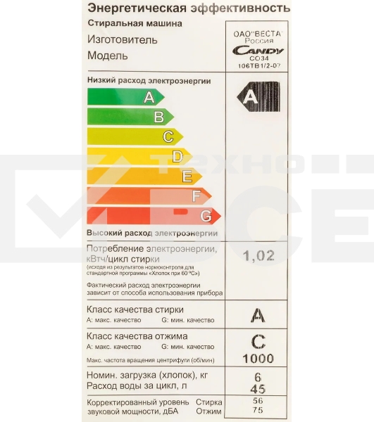 Стиральная машина Candy Smart Pro CSO34 106TB1/2-07 белый, загрузка фронтальная 6 кг, 1000 об/мин., класс: А