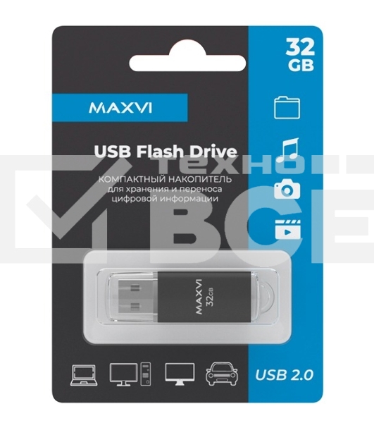 Флеш диск Maxvi MP 32GB USB 2.0 black, монолит с колпачком, металл + ABS пластик