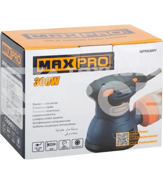 Шлифмашина эксцентриковая MAX-PRO 300 Вт, 5000-12000 об/мин, 125 мм, 1,2 кг, липучка, пылезащищенный выключатель, коробка