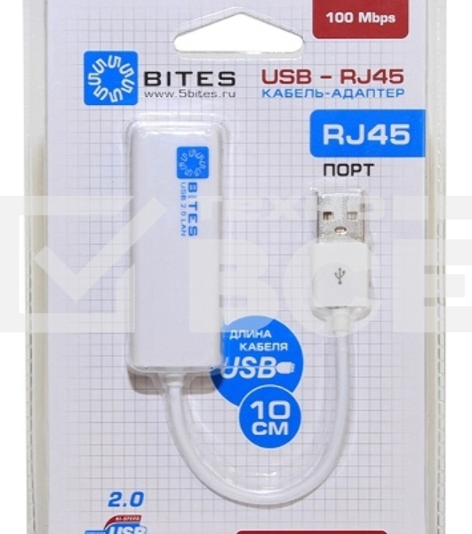 Адаптеры USB Ethernet 5bites Кабель-адаптер 5bites UA2-45-02WH USB2.0 -> RJ45 10/100 Мбит/с, 10см