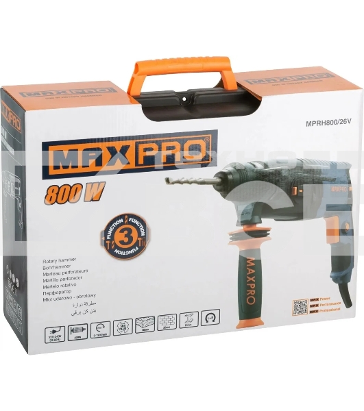 Перфоратор монтажный MAX-PRO MPRH800/26VP 800Вт, 0-1100 об/мин, 2,8 Дж, 3 режима, Д/Б/М-30/26/13, 3,4 кг, SDS-PLUS, антивибрационная ручка, резиновые вставки, рез