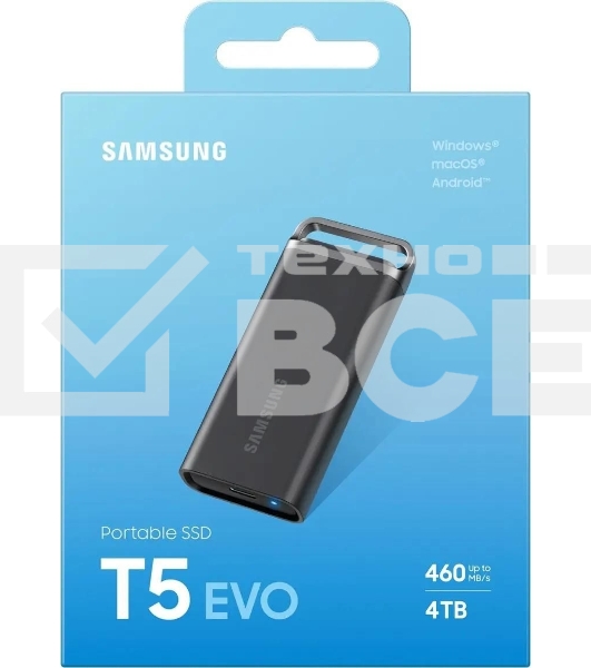 Внешний SSD Samsung T5 EVO, 4TB, USB 3.2 Gen 1 Type-C, R/W 460/460, черный