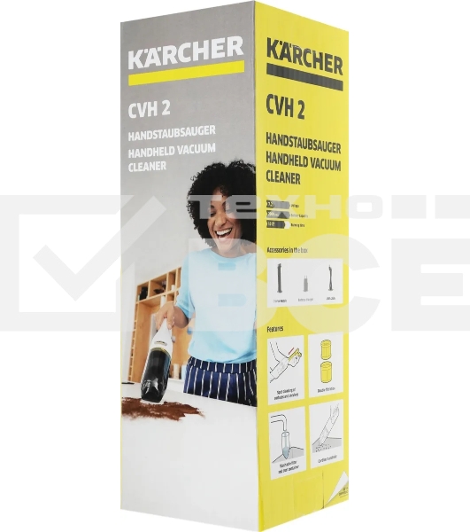 Пылесос ручной Karcher CVH 2 белый/черный, питание от аккумулятора, 70 Вт, уборка сухая, пылесборник 0.15 л, работа от АКБ max 10 мин.