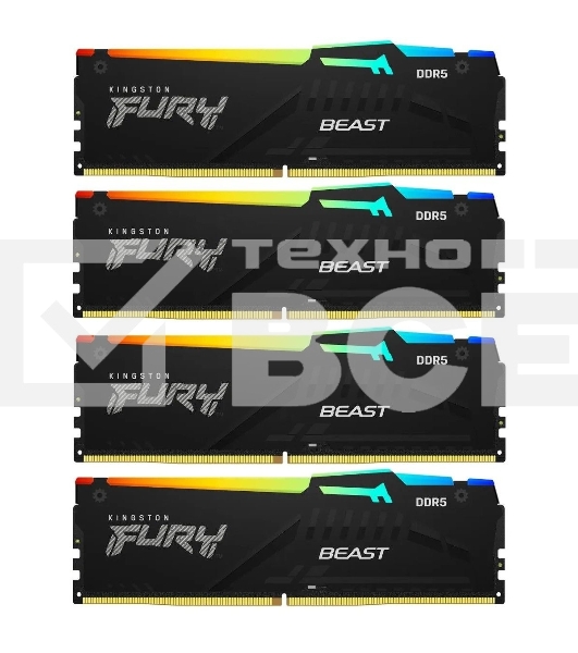 Оперативная память Kingston Fury Beast, DDR5, 64GB (4x16GB), 5200MHz, CL40, с радиаторами, RGB, черный