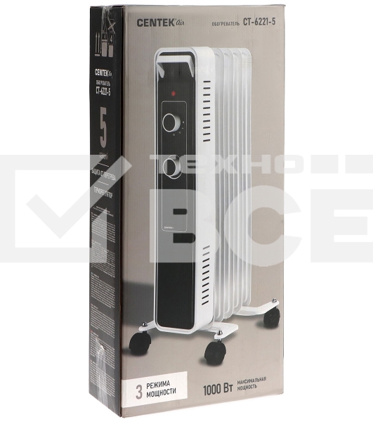 Масляный обогреватель Centek CT-6221-5 (5 секций) белый, 400/600/1000 Вт, 12,5 м2, 3 режима, термостат