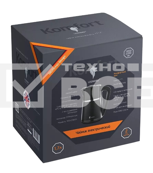 Чайник электрический LEONORD LE-1512 1,7 л, 1850-2200 Вт, черный