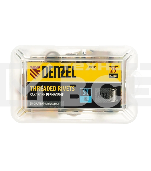 Заклепки резьбовые Denzel стальные, оцинкованные, М12, пластиковый кейс, 25 шт.