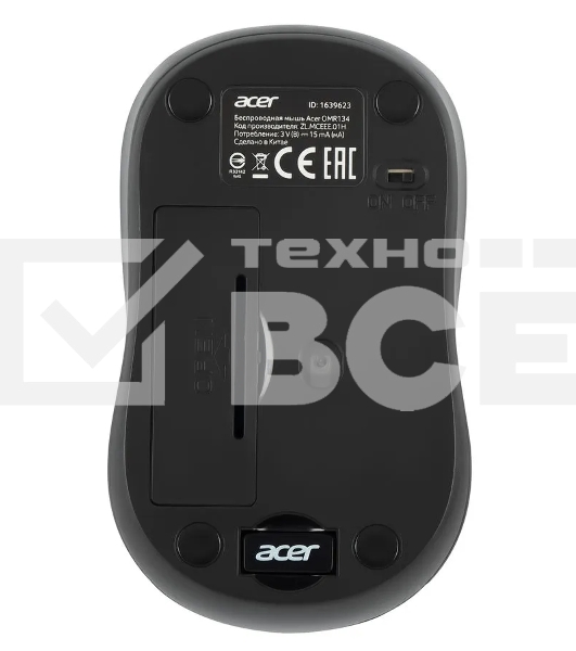 Мышь беспроводная Acer OMR134 серый, 1000 dpi, радиоканал, USB, кнопки - 3
