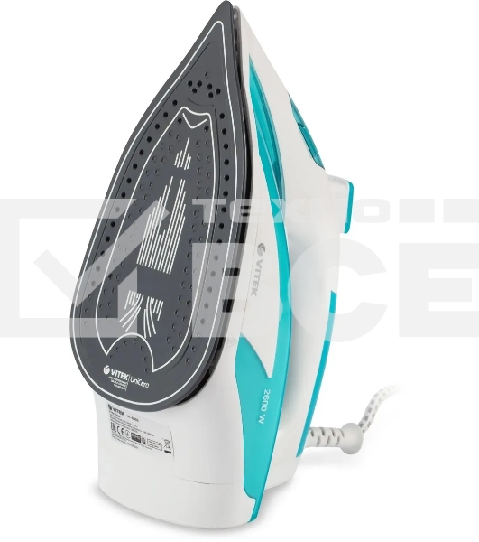 Утюг Vitek VT-8355 (MC) белый/бирюзовый 1. Максимальная мощность 2600 Вт  2. Керамическая подошва  3. Емкость для воды 400 мл