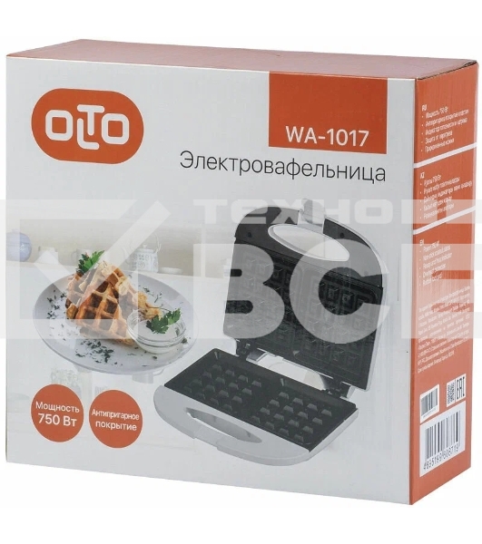 Вафельница OLTO WA-1017 750 Вт, антипригарное покрытие, защита от перегрева, белый