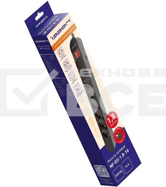 Сетевой фильтр Ippon NF-EU-1.8-16 1.8 м, 6 розеток, черный, коробка