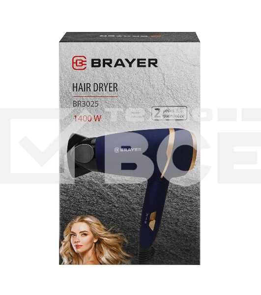 Фен BRAYER BR3025 синий/золотистый, 1400 Вт, компактный
