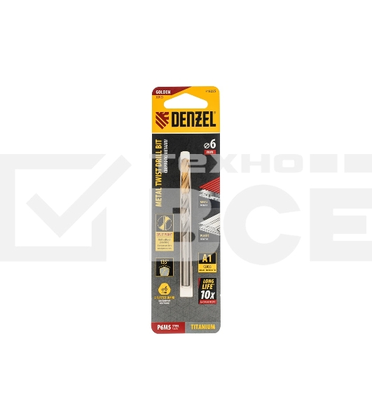 Сверло спиральное по металлу Denzel 6 x 93мм, Р6М5, Golden Tip