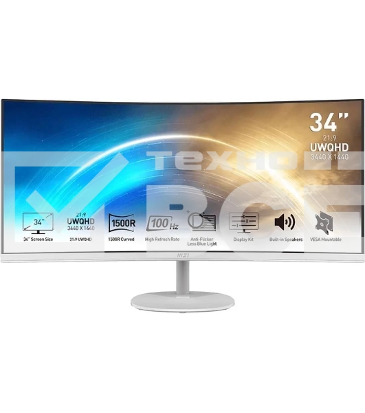 Монитор 34' MSI Pro MP341CQW VA 3440x1440, 100 Гц, 1 мс, 21:9, 300 кд/м2, 2xHDMI, 1xDP, изогнутый, белый
