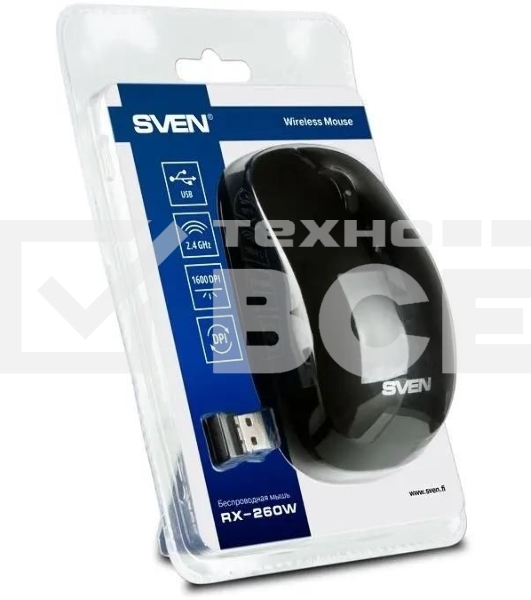 Мышь беспроводная SVEN RX-260W черный, 1600 dpi, радиоканал, USB, кнопки - 4