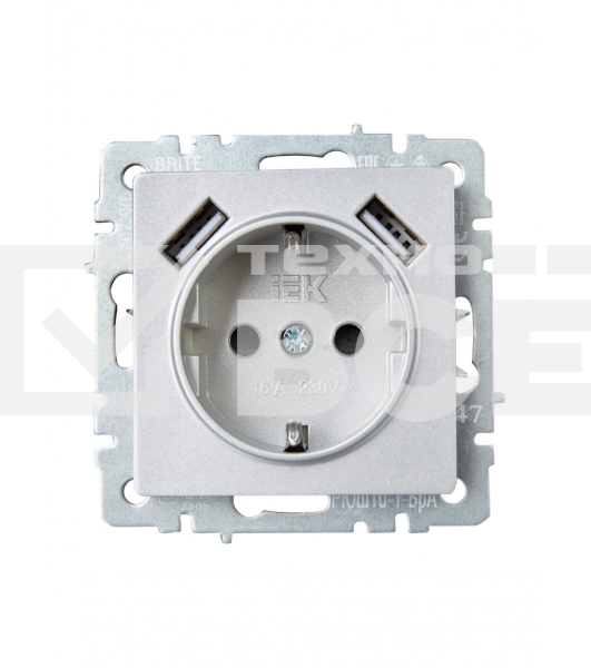 Розетка 1-местная IEK BRITE РЮш10-1-БрА ( BR-R14-16-U21-D21-K47) с заземлением, с защитными шторками, 16А, с USB A+A 5В 2,1А, алюминий