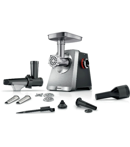 Мясорубка электрическая Bosch Series 8 MFWS835M черный, 2500 Вт, 4.5 кг/мин, реверс, защита от перегрузки, металлический лоток, насадки - 6