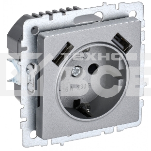 Розетка 1-местная IEK BRITE РЮш10-1-БрА ( BR-R14-16-U21-D21-K47) с заземлением, с защитными шторками, 16А, с USB A+A 5В 2,1А, алюминий