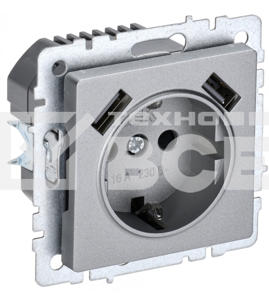 Розетка 1-местная IEK BRITE РЮш10-1-БрА ( BR-R14-16-U21-D21-K47) с заземлением, с защитными шторками, 16А, с USB A+A 5В 2,1А, алюминий