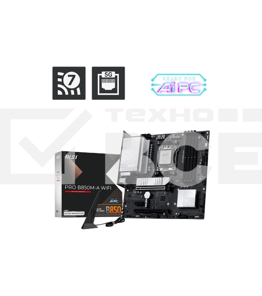 Материнская плата MSI PRO B850M-A WIFI, AM5, AMD B850, 4xDDR5, 4xSATA, 2xM.2, 1xPCIe 5.0 x16, 1xPCIe 4.0 x4, 1xPCIe 3.0 x1, 1xDP, 1xHDMI, 1x5Gb LAN, Wi-Fi 7, Bluetooth 5.4, 2xUSB-C 10Gbps, 3xUSB-A 10Gbps, 3xUSB-A 5Gbps, 4xUSB-A 2.0, 3x3.5 мм, 7.1, mATX
