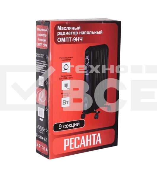 Масляный обогреватель Ресанта ОМПТ-9НЧ (9 секций) черный, 2000 Вт, 25 м2, термостат 67/3/14