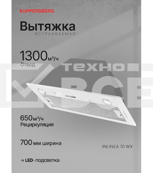 Вытяжка встраиваемая Kuppersberg Inlinea 70 WX белый/нержавеющая сталь, 70 см, 1300 куб. м/ч, 41 дБ