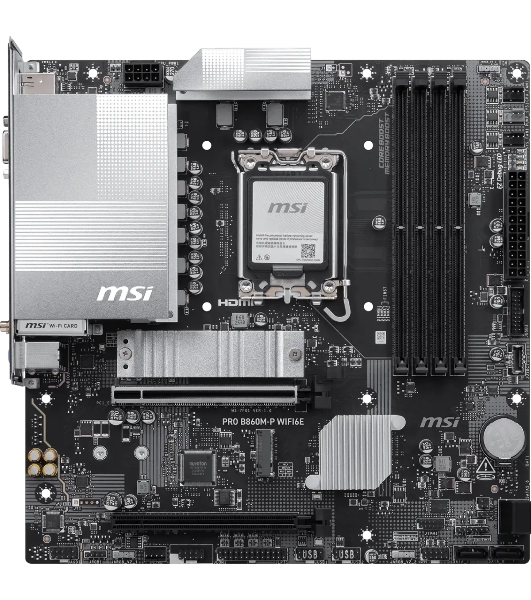 Материнская плата MSI PRO B860M-P WIFI6E, LGA 1851, Intel B860, 4xDDR5 (до 256 ГБ), 4xSATA, 2xM.2 (1xPCIe 5.0, 1xPCIe 4.0), 1xPCIe 5.0 x16, 1xPCIe 4.0 x16, 1xVGA, 1xHDMI, 2xDP, 1x2.5Gb LAN, Wi-Fi 6E, Bluetooth 5.3, 3xUSB-A 5Gbps, 2xUSB-A 2.0, 3x3.5 мм, 7.1, чёрный, mATX