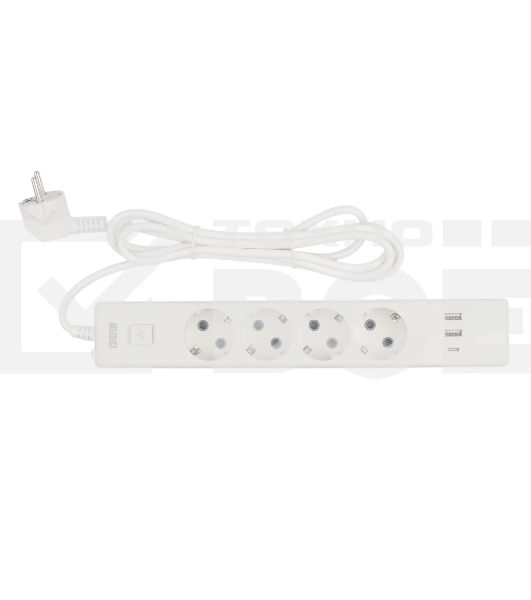 Бытовой удлинитель PowerCube, 4р с/з вык., 3USB, 3500 Вт, 16А, 1.9 м, 3*1,0 (белый) PC-6-2M