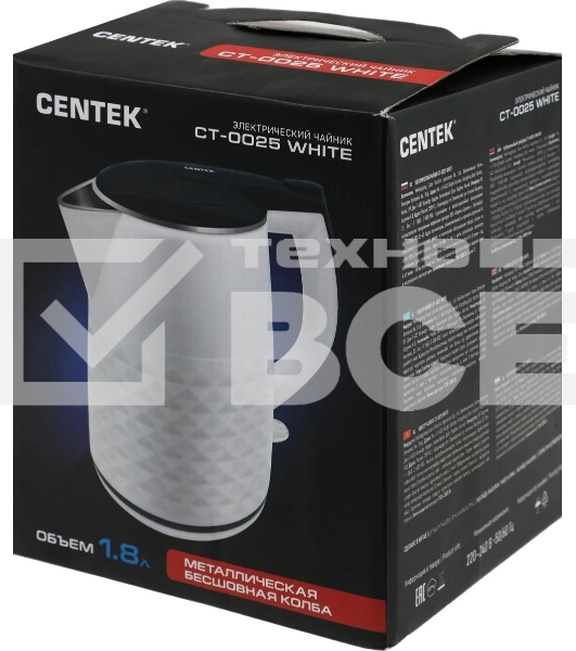 Чайник электрический Centek CT-0025 белый, металл 1.8 л, 2000 Вт, двойные стенки, кнопка вкл. на ручке