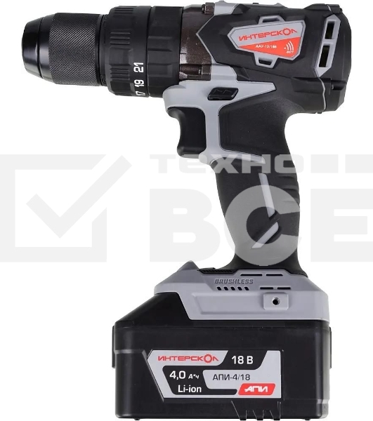 Дрель-шуруповерт аккумуляторная ИНТЕРСКОЛ ДАУ-13/18В, Аккумуляторный, 18В, Ударный, Кейс