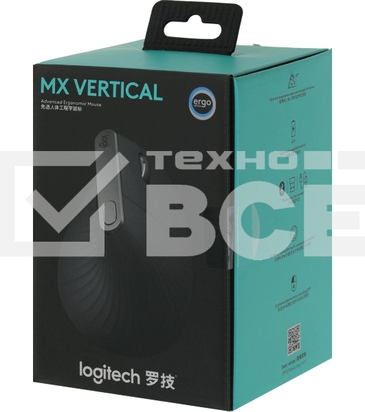 Мышь беспроводная/проводная Logitech MX Vertical графитовый, 4000 dpi, радиоканал, Bluetooth, USB, кнопки - 6