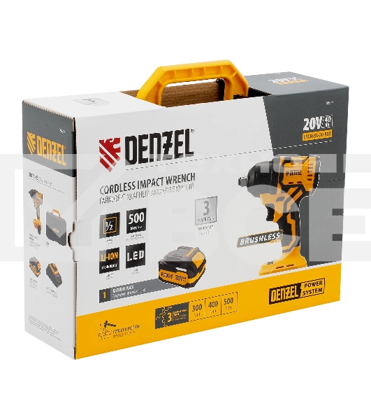 Гайковерт ударный аккумуляторный бесщет. Denzel CIWH-BL-20-500, Li-Ion, 20 В