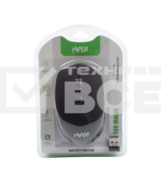Мышь беспроводная HIPER HOMW-091 черный, 1600 dpi, радиоканал, USB, кнопки - 4