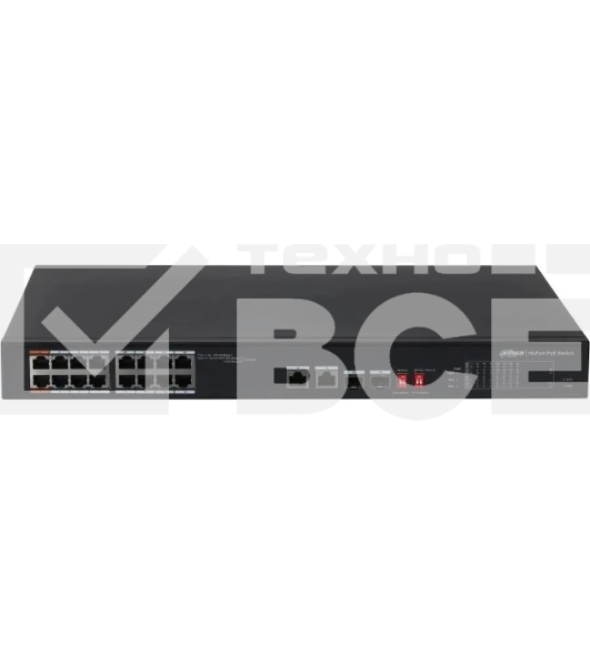Неуправляемый 16-портовый коммутатор Dahua DH-S3218-16ET-135 с РоЕ, 16xRJ45 100Mb, 2хКомбо SFP/RJ45 1Gb uplink, суммарно до 135Вт, коммутация 7.2 Гбит/с, MAC-таблица 8К