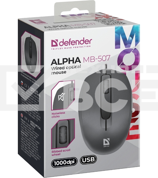 Мышь проводная Defender Alpha MB-507 черный, 1000 dpi, USB, кнопки - 3