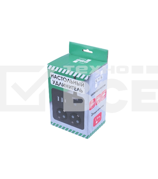 Бытовой удлинитель PowerCube, 2р с/з вык.,3USB, 3500 Вт, 16А, 1.9 м, 3*1,0 (черный) квадрат PC-1B-2M