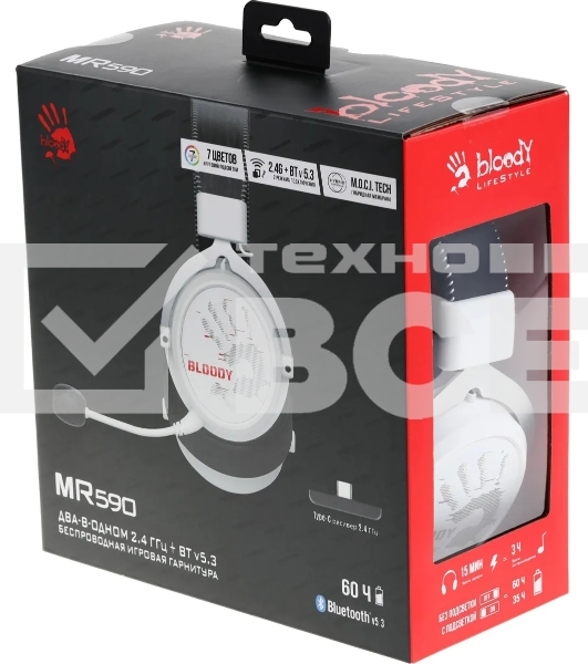 Наушники с микрофоном A4Tech Bloody MR590 Sports белый/черный 1.5м мониторные BT/Radio/3.5mm оголовье (MR590+ WIRED/SPORT WHITE)