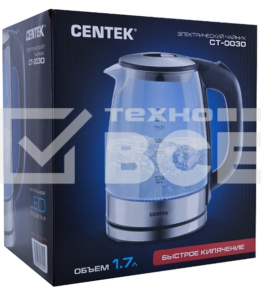 Чайник электрический Centek CT-0030 черный стекло 1.7 л, 2200 Вт, внутр. LED подсветка, защита от вкл б/воды