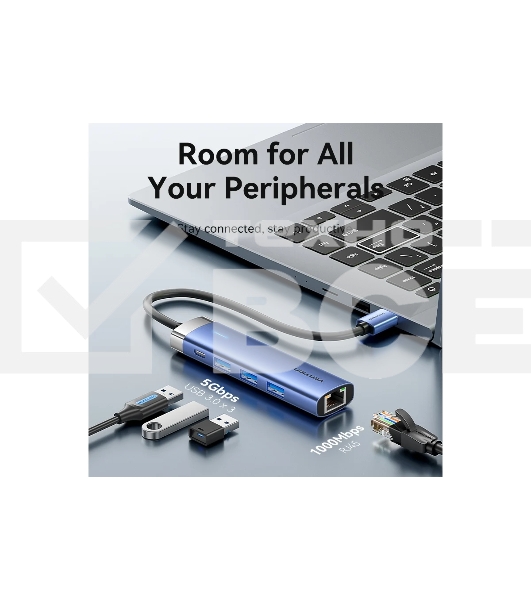 Сетевой адаптер Vention USB 3.0 M/Gigabit Ethernet RJ45+OTG хаб 3xUSB Синий - 0.15м.