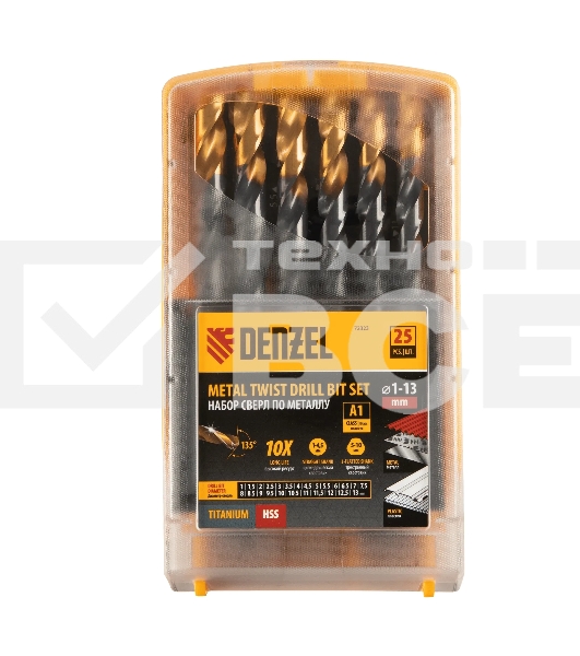 Набор сверл по металлу Denzel 1-13 мм, HSS-Tin, Golden Tip, 25 шт