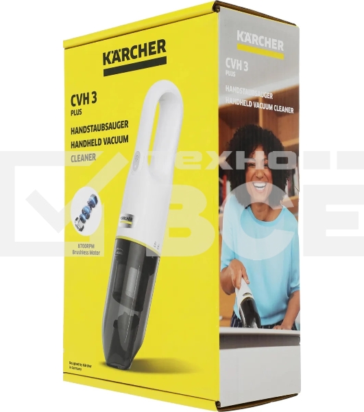 Пылесос ручной Karcher CVH 3 Plus белый, питание от аккумулятора, 70 Вт, уборка сухая, пылесборник 0.15 л, работа от АКБ max 20 мин
