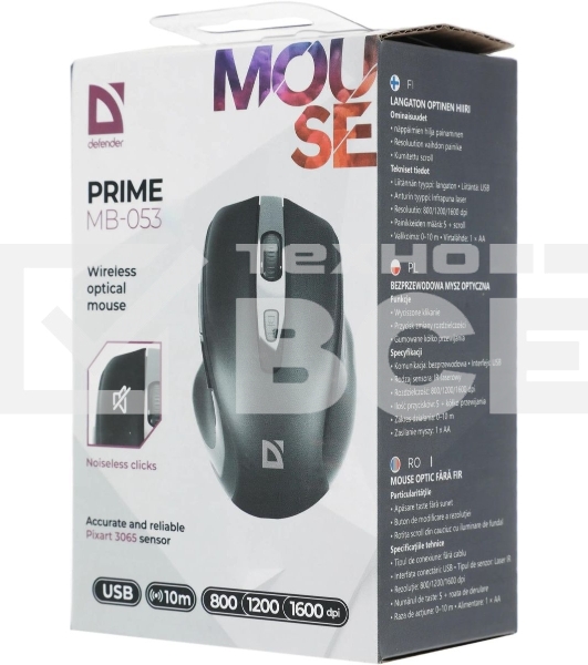 Мышь беспроводная Defender Prime MB-053 черный, 1600 dpi, радиоканал, USB, кнопки - 6