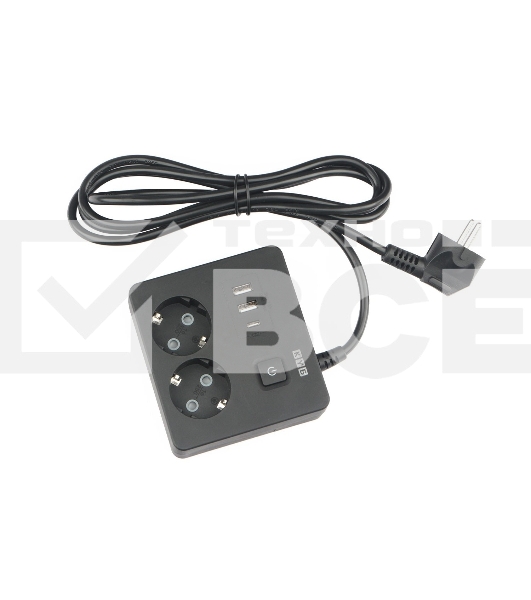 Бытовой удлинитель PowerCube, 2р с/з вык.,3USB, 3500 Вт, 16А, 1.9 м, 3*1,0 (черный) квадрат PC-1B-2M