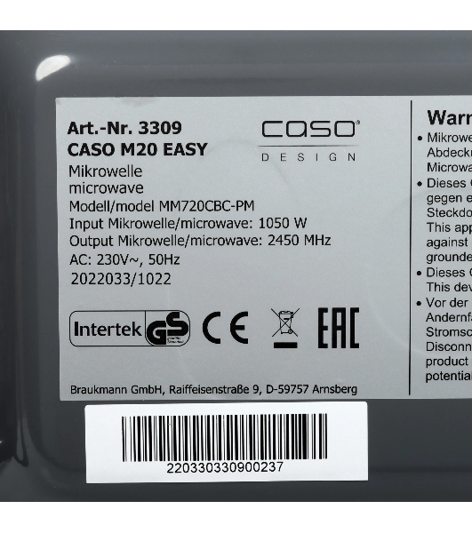 Микроволновая печь CASO M 20 EASY зеркальный/черный, 20 л, 700 Вт, переключатели - поворотный механизм