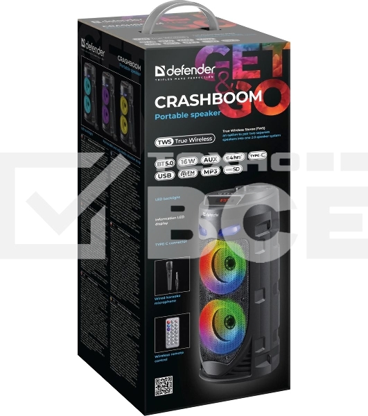 Портативная колонка Defender 16W черный CRASHBOOM