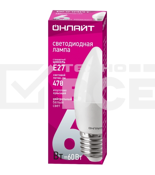 Лампа светодиодная ОНЛАЙТ 71631 OLL-C37-6-230-4K-E27-FR 6Вт свеча 4000К белый E27 470лм 176-264В