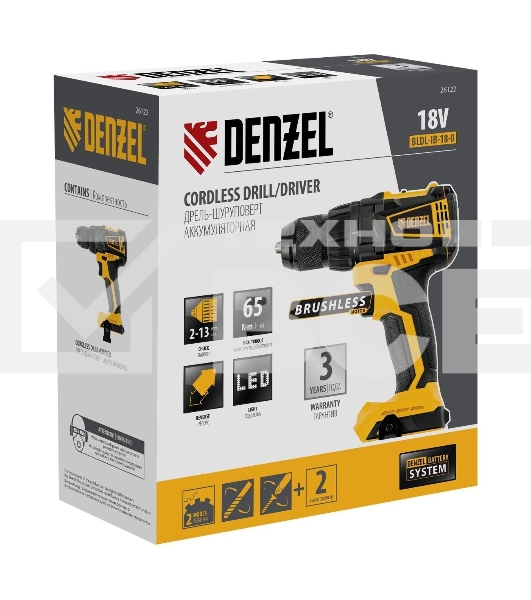 Дрель-шуруповерт Denzel BLDL-IB-18-0, Аккумуляторная, 18В, Без АКБ и ЗУ
