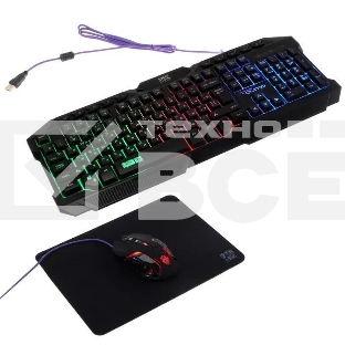 Игровой набор Qumo Mystic K58/M76, кл-ра проводная 104 + 10 клавиш мультимедиа, встроенные подсветки общая + кнопок 3 цвета, мышь проводная, оптическая, 1200/1600/2400/3200 dpi с подсветкой, коврик