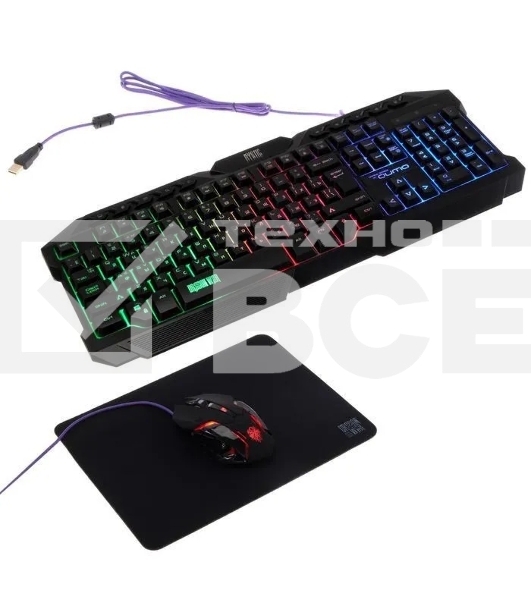 Игровой набор Qumo Mystic K58/M76, кл-ра проводная 104 + 10 клавиш мультимедиа, встроенные подсветки общая + кнопок 3 цвета, мышь проводная, оптическая, 1200/1600/2400/3200 dpi с подсветкой, коврик